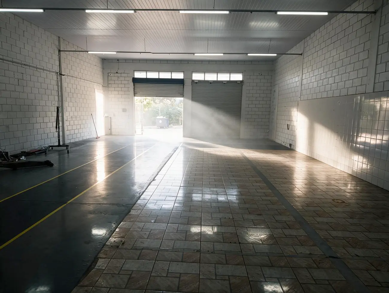 Box de serviço da WR Performance com o portão aberto e o piso limpo.