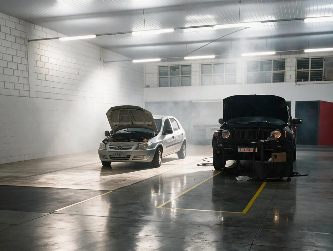 Dois carros com o capô aberto em atendimento dentro da oficina.