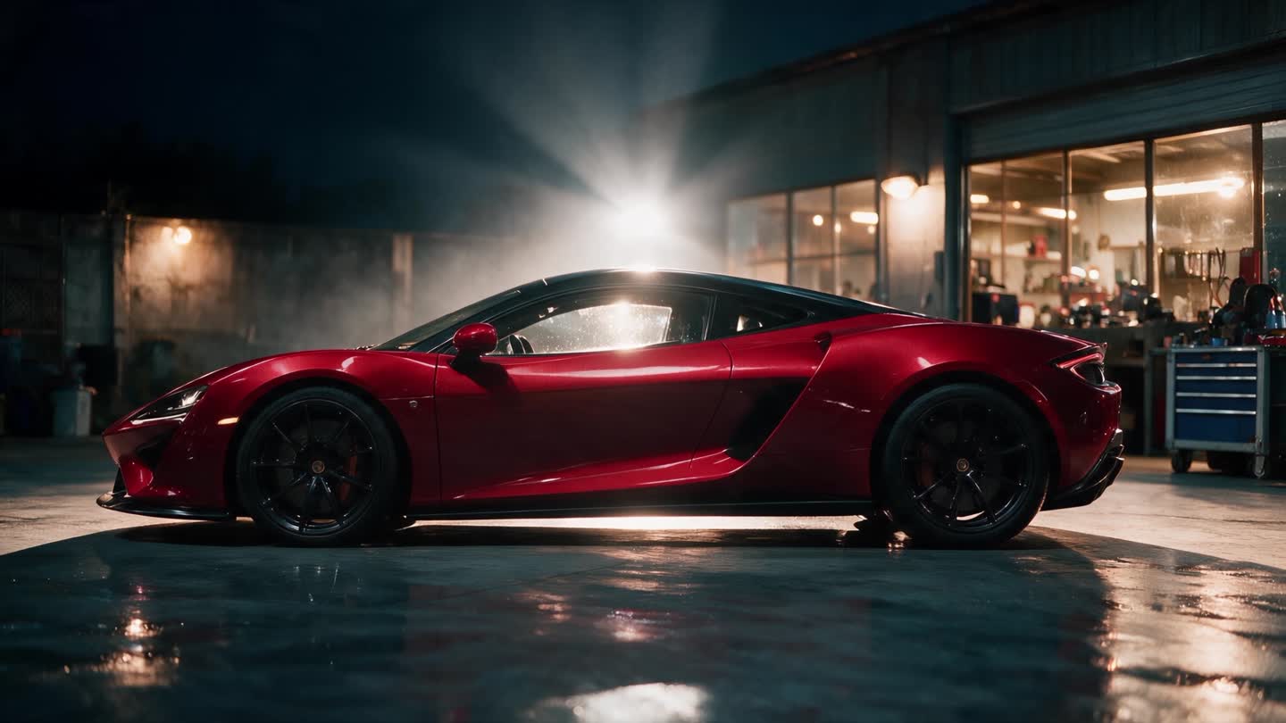 Carro esportivo vermelho dentro da oficina, à noite, montado e pronto.